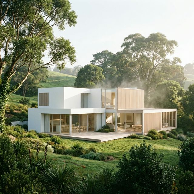 Minimalist white home exterior in scenic landscape